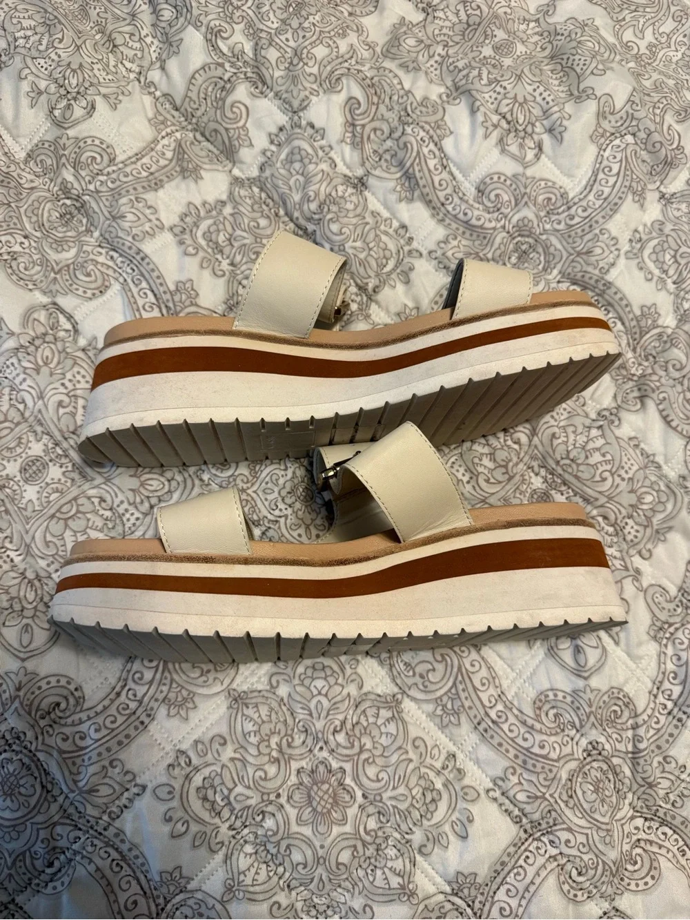 Dolce Vita Cream Platform Slide Sandals with Gold Buckles